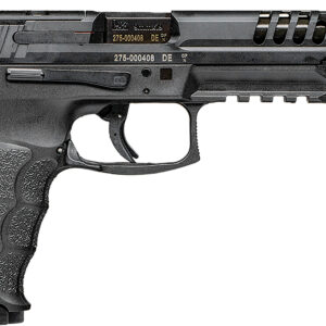Black semi-automatic handgun on white background