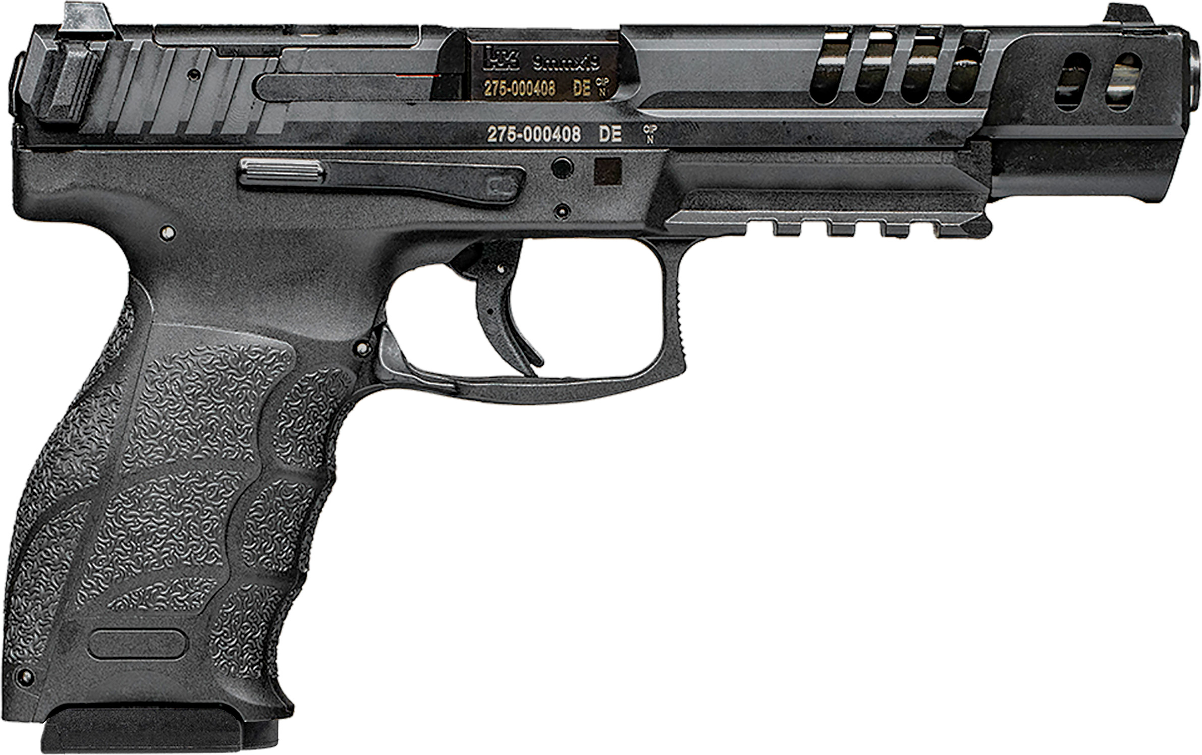 Black semi-automatic handgun on white background