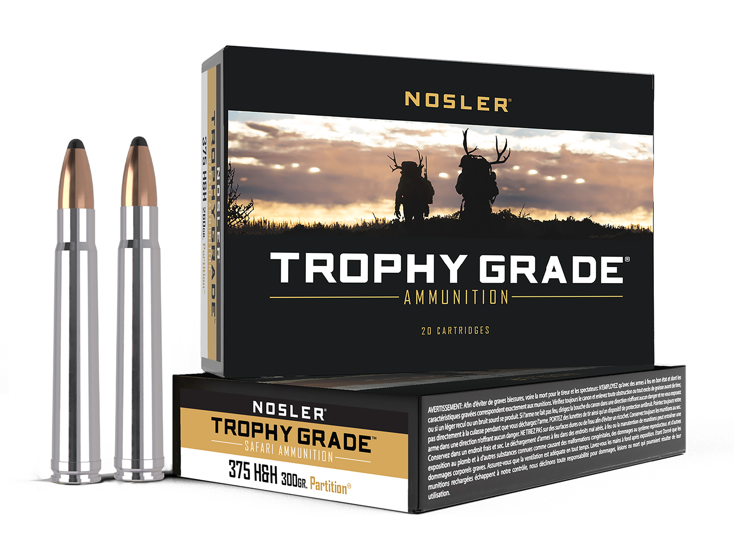 Nosler Trophy Grade 375 H&H ammunition box and cartridges