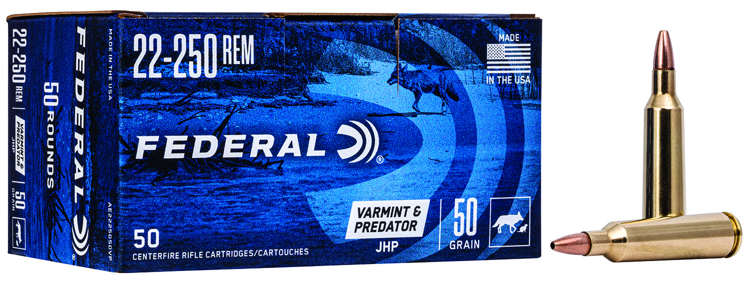 Federal 22-250 Rem ammunition box and cartridges