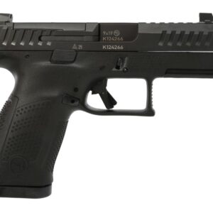 Black semi-automatic handgun on white background