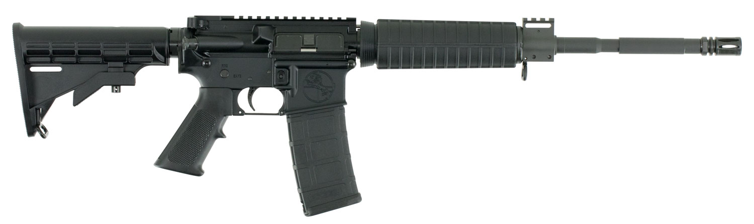 Black AR-15 style semi-automatic rifle