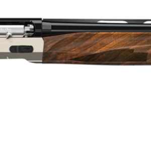 Side view of semi-automatic shotgun with wooden stock