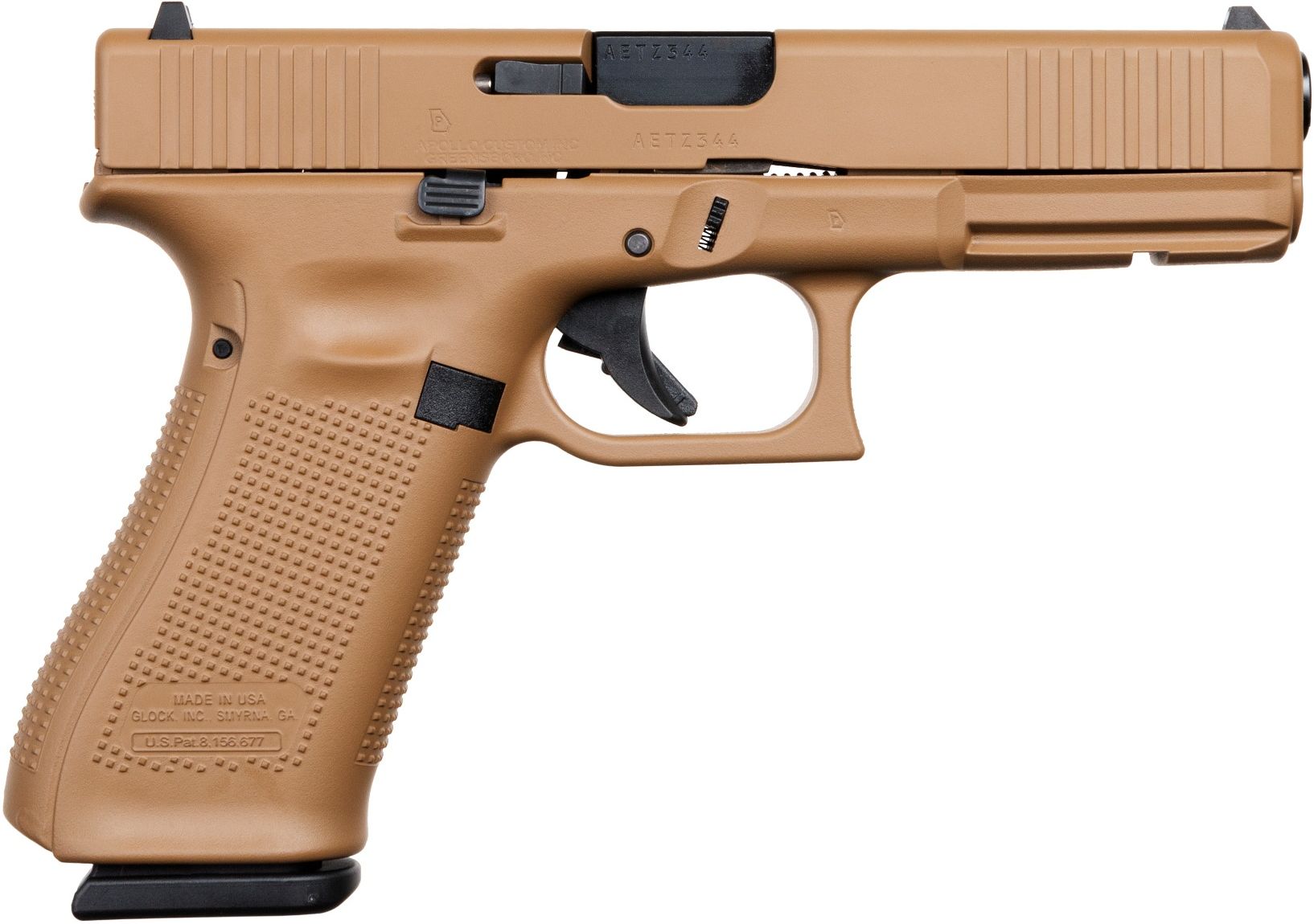 Tan semi-automatic handgun on white background