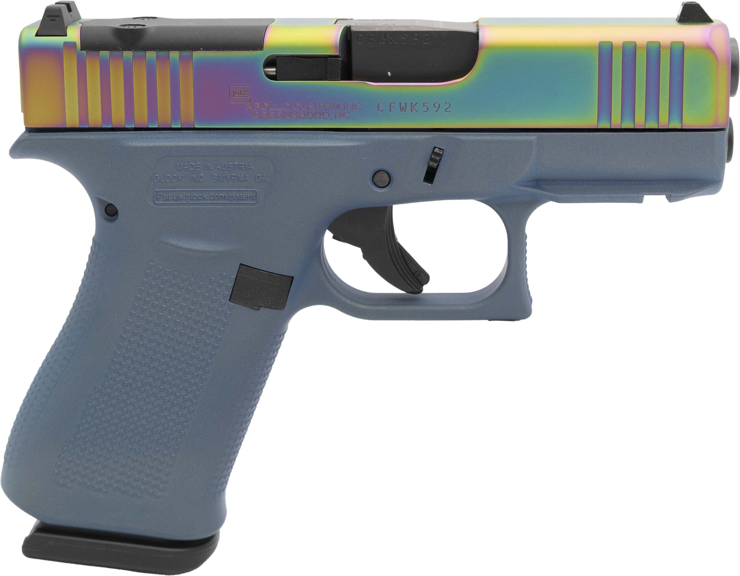 Custom Glock pistol with iridescent slide finish