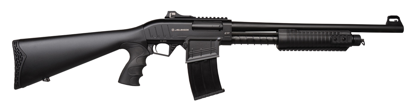 Black tactical semi-automatic shotgun with magazine