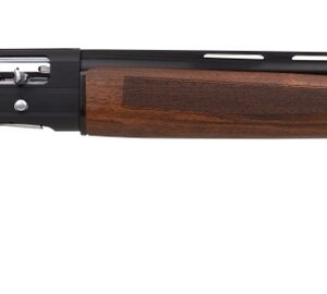 Wood-stocked semi-automatic shotgun on white background