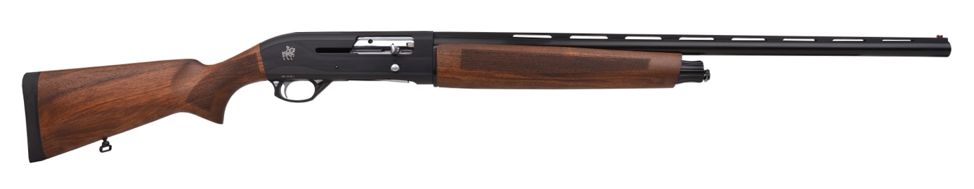 Wood-stocked semi-automatic shotgun on white background