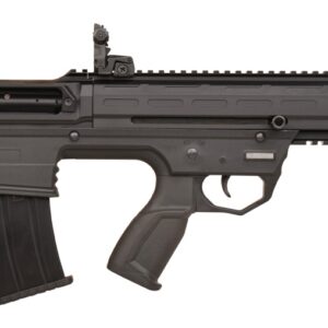 Black bullpup-style rifle isolated on white background