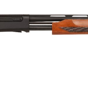 Pump-action shotgun with wooden stock and barrel