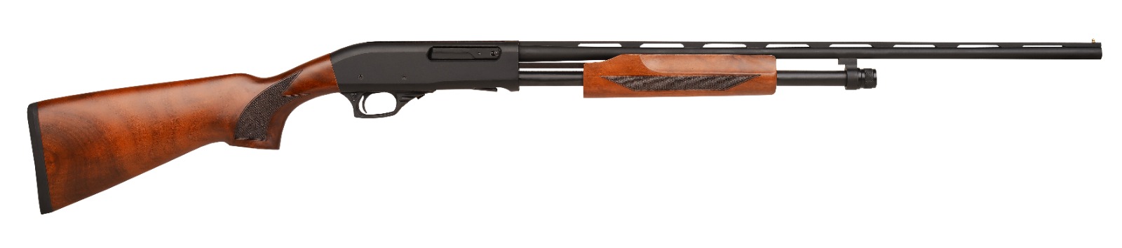 Pump-action shotgun with wooden stock and barrel