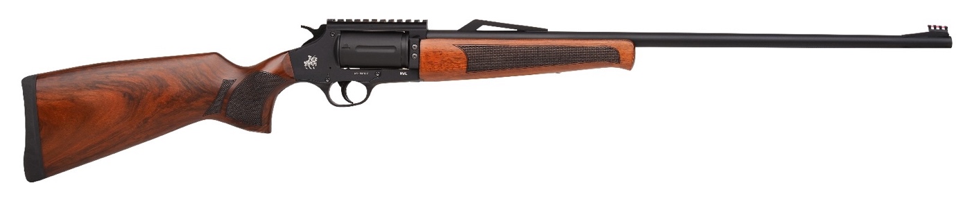 Wood-stock hunting rifle on white background