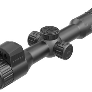 Black tactical rifle scope with adjustment turrets