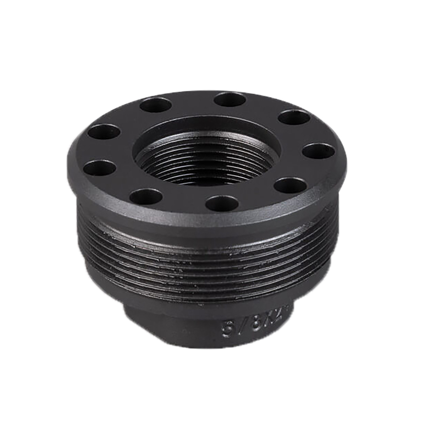 Black metal threaded flange adapter with bolt holes