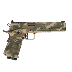 Camouflage-patterned semi-automatic pistol on white background