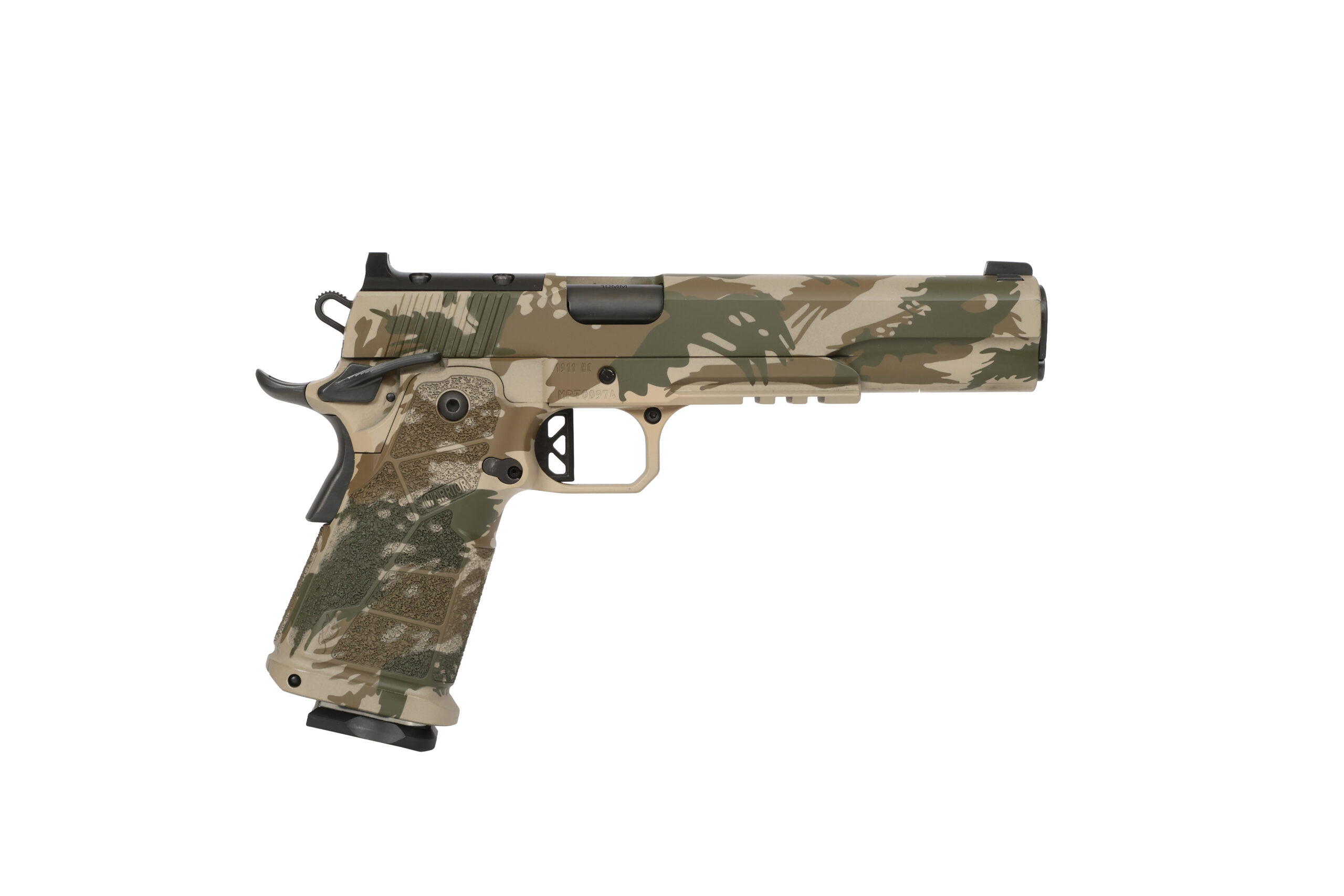 Camouflage-patterned semi-automatic pistol on white background