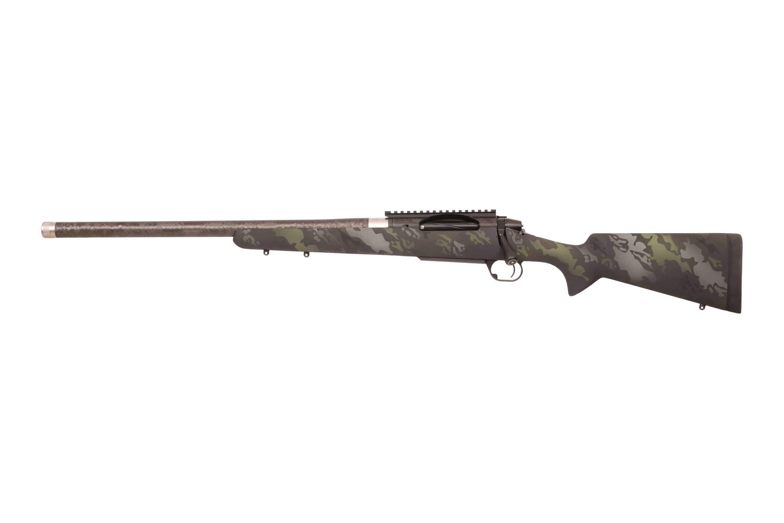 Camouflage bolt-action rifle on white background