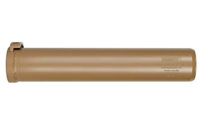 Tan cylindrical firearm suppressor on white background