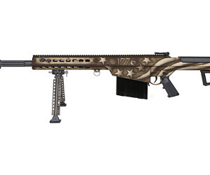 Tan tactical rifle with bipod and extended stock