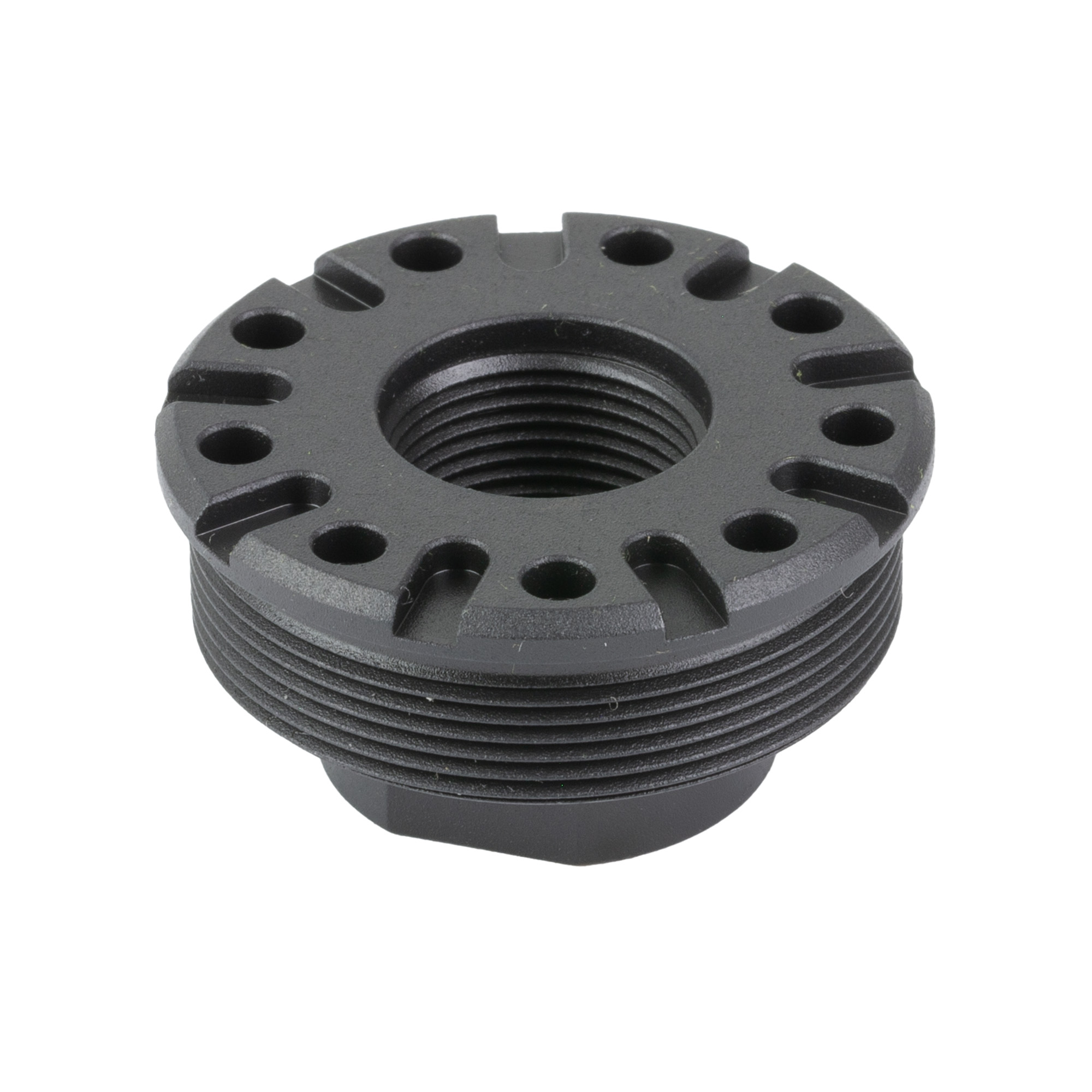 Black threaded metal cap with multiple holes