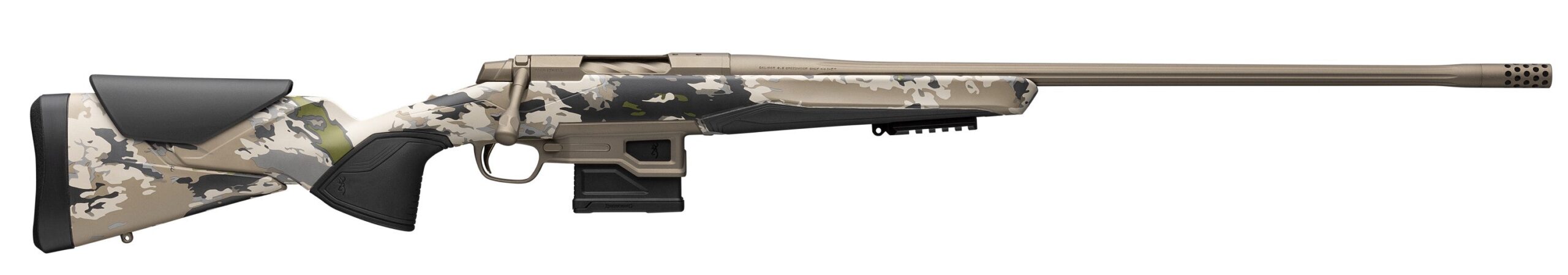 Camouflage bolt-action rifle with long barrel and magazine