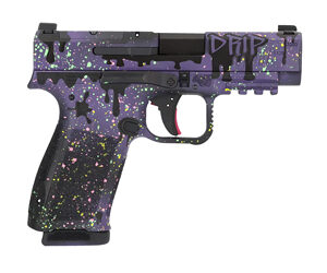 Custom purple splatter-painted semi-automatic handgun