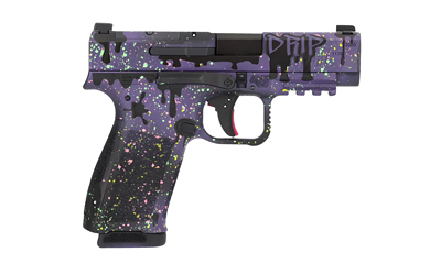 Custom purple splatter-painted semi-automatic handgun