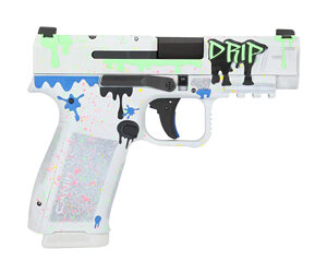Custom white handgun with colorful paint splatter design