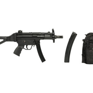 Compact black submachine gun, magazine, and backpack