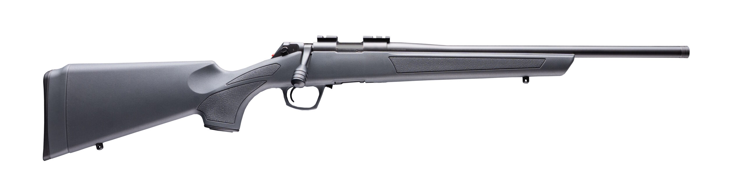 Black bolt-action rifle on white background
