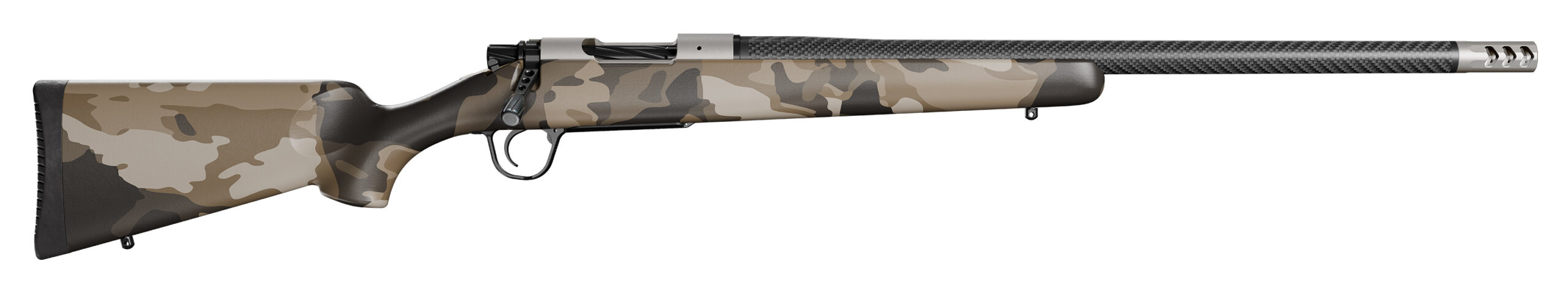 Camouflage bolt-action rifle with carbon fiber barrel