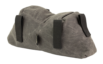 Gray waxed canvas duffel bag with black straps