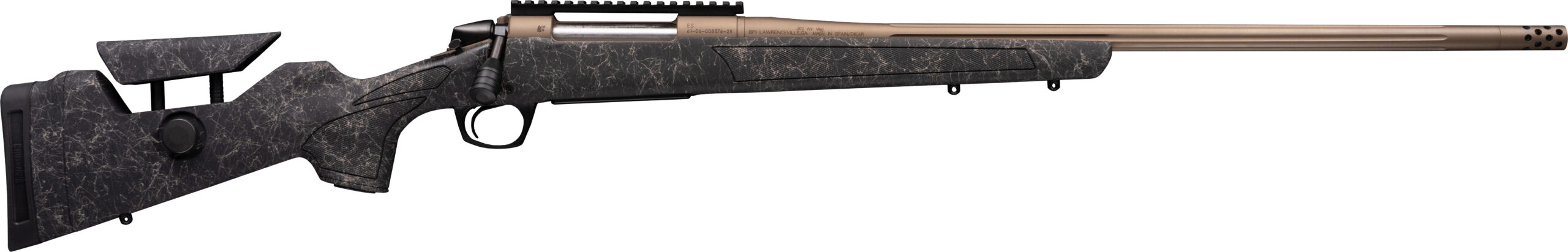 Bolt-action rifle with adjustable stock and long barrel