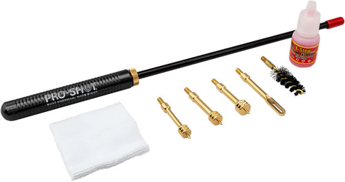 Gun cleaning kit with rod, brushes, solvent