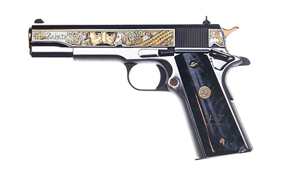 Ornate engraved semi-automatic pistol on white background