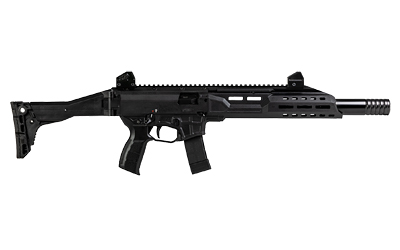 Black modern semi-automatic rifle on white background