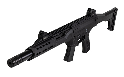 Black modern tactical rifle on white background