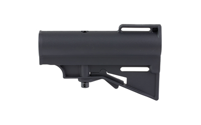Black adjustable rifle stock on white background
