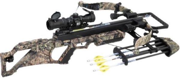 Camouflaged crossbow with scope and bolts
