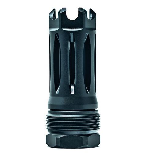Black metal muzzle brake with threaded base
