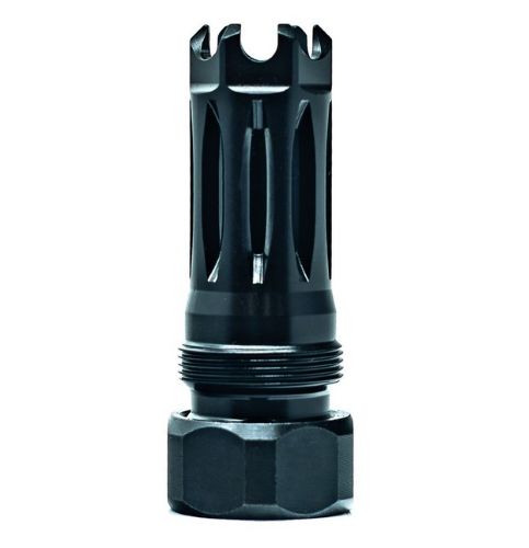 Black metal muzzle brake with threaded base
