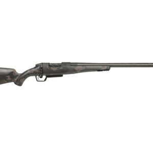 Camouflage bolt-action hunting rifle with long barrel