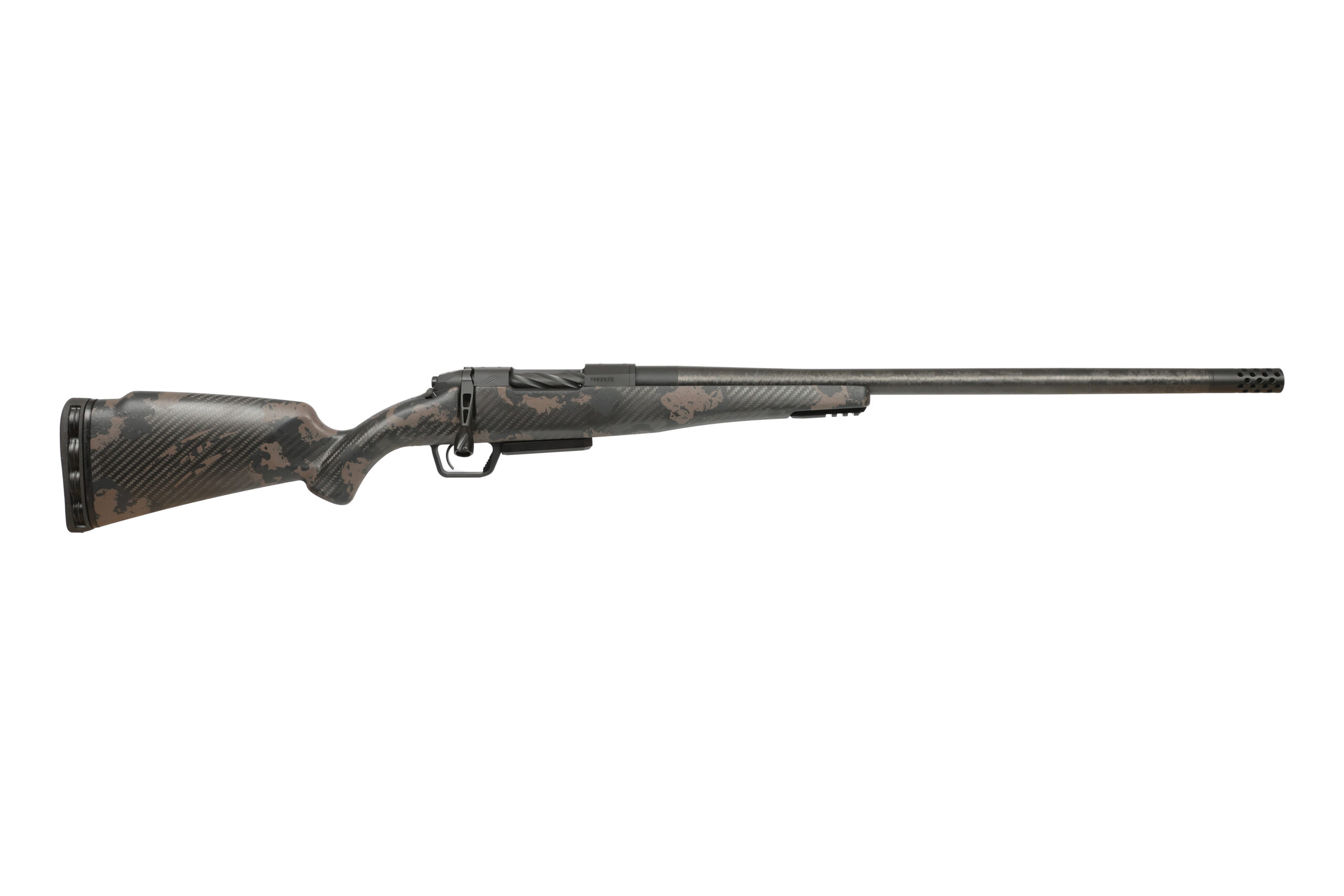 Camouflage bolt-action hunting rifle with long barrel