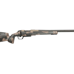 Camouflage bolt-action rifle on white background