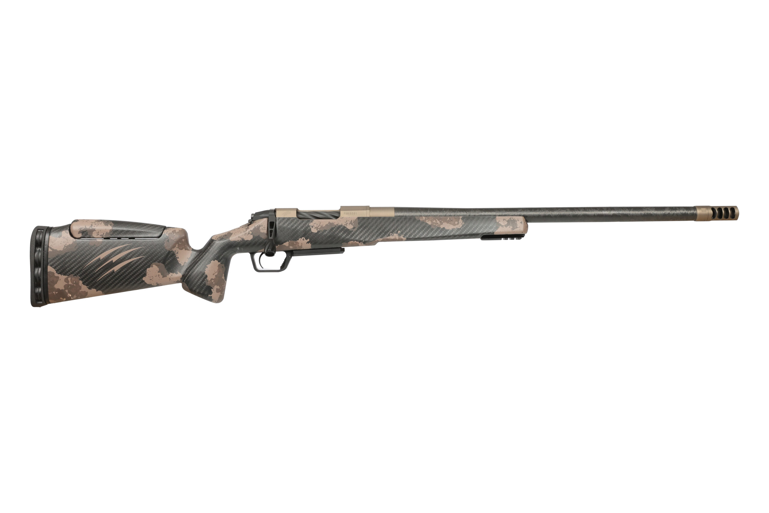 Camouflage bolt-action rifle on white background