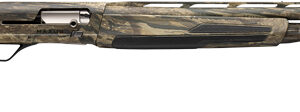 Camouflage pump-action shotgun on white background