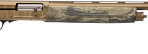 Camouflage semi-automatic shotgun on white background