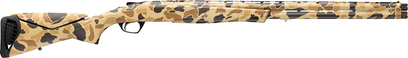 Camouflaged shotgun with extended barrel on white background