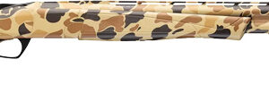 Camouflage-patterned shotgun on white background