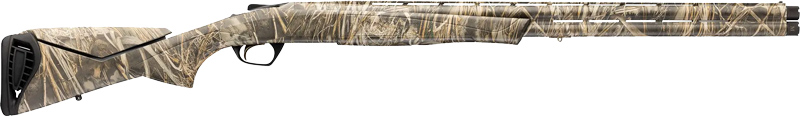 Camouflage pump-action shotgun on white background